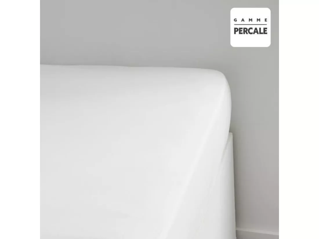 Drap housse - 140 x 200+30 cm - 100% Percale de coton uni - Craie
