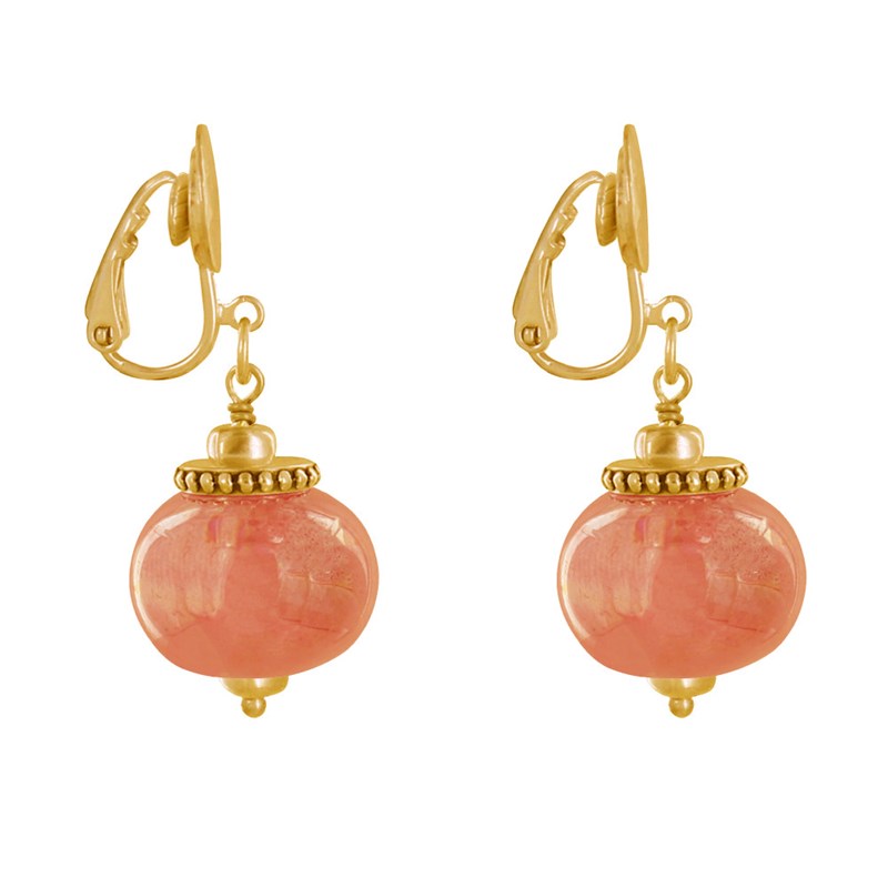 Boucles d'Oreilles Clip Métal Doré et Grosses Perles en Céramique
