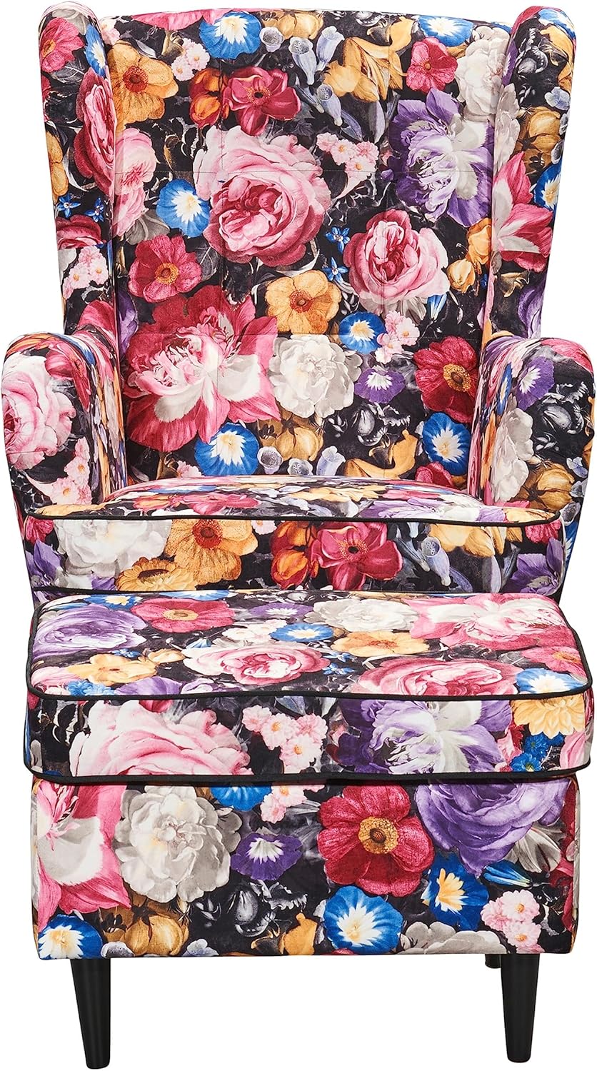 LAUREL Ohrensessel mit geknöpfter Polsterung und floralem Muster - Vintage Wohnzimmer Sessel mit Massivholz Füßen - 78 x 102 x 98 cm (B/H/T)