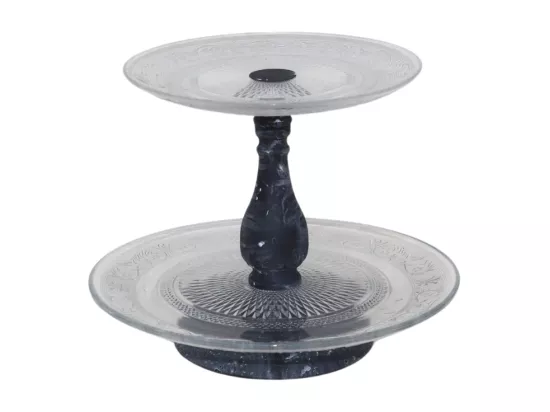 Plateau à gâteau 2 étages en métal gris et verre Ø32.5-25 cm x Ht.35 cm