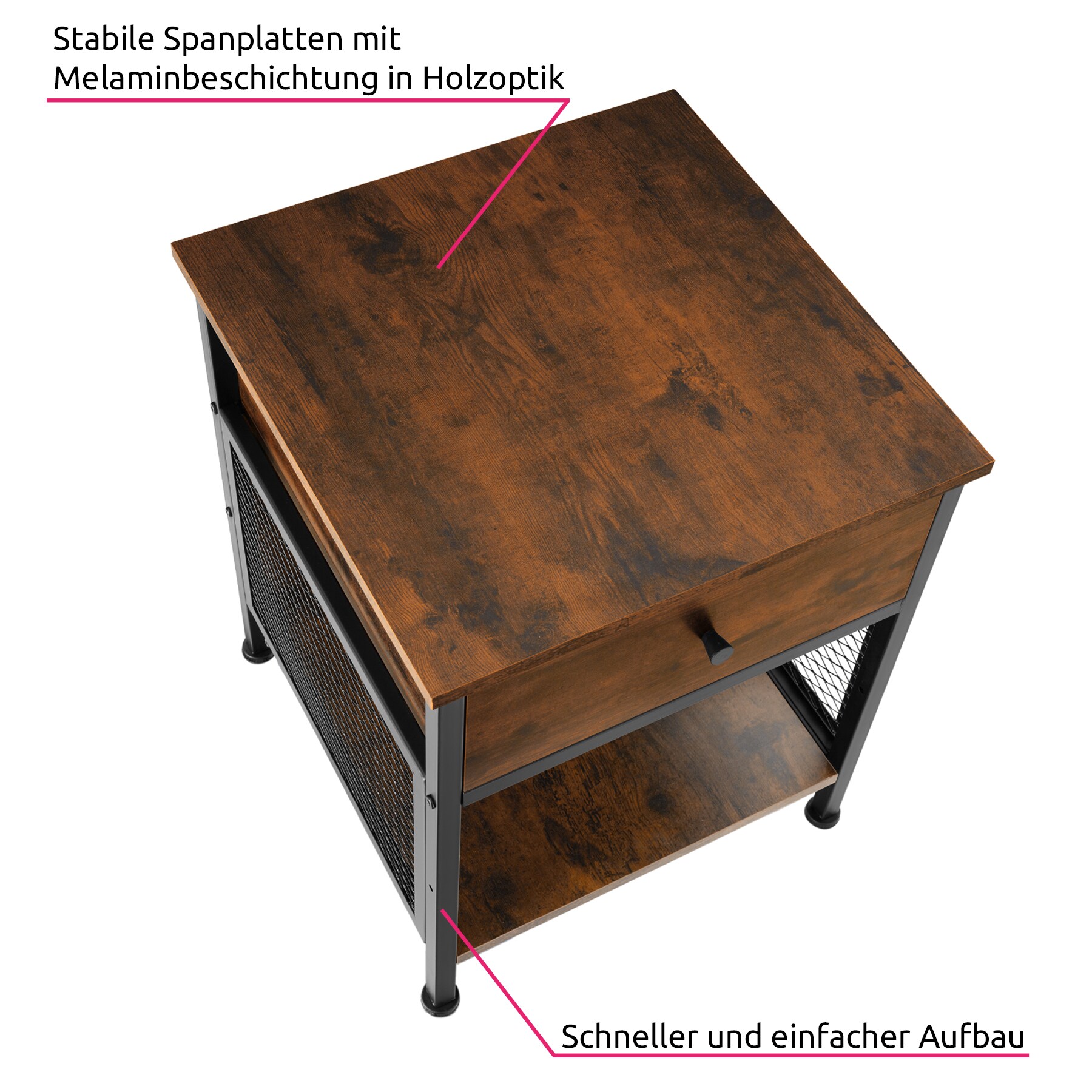 tectake® Nachttisch, Industrial Style, Ablage, Schublade und Staufach mit seitlichen Gitterflächen, 45 x 46 x 55,5 cm