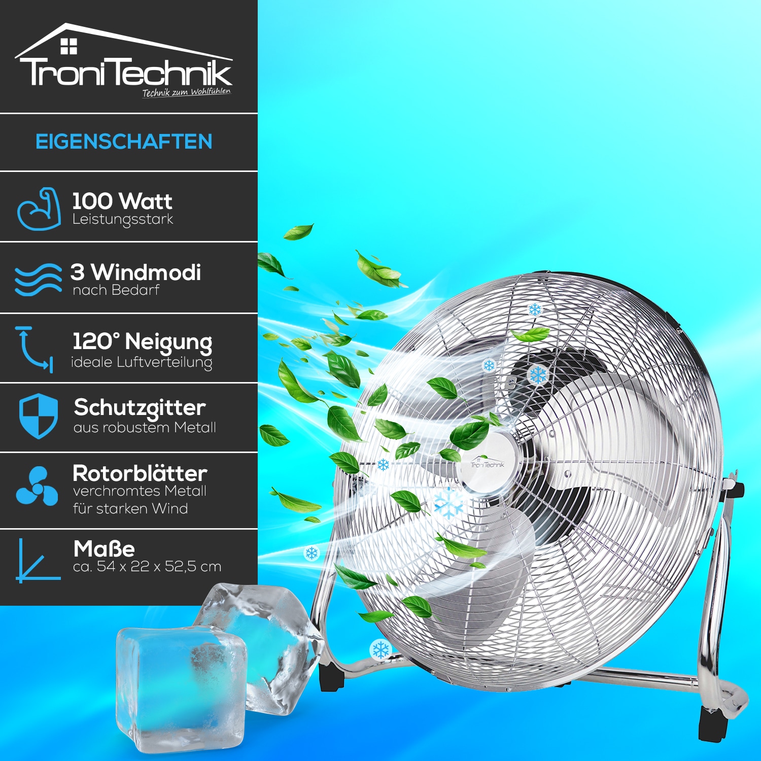 TroniTechnik® Bodenventilator Windmaschine mit drei Geschwindigkeitsstufen 100W, verstellbar ?45cm