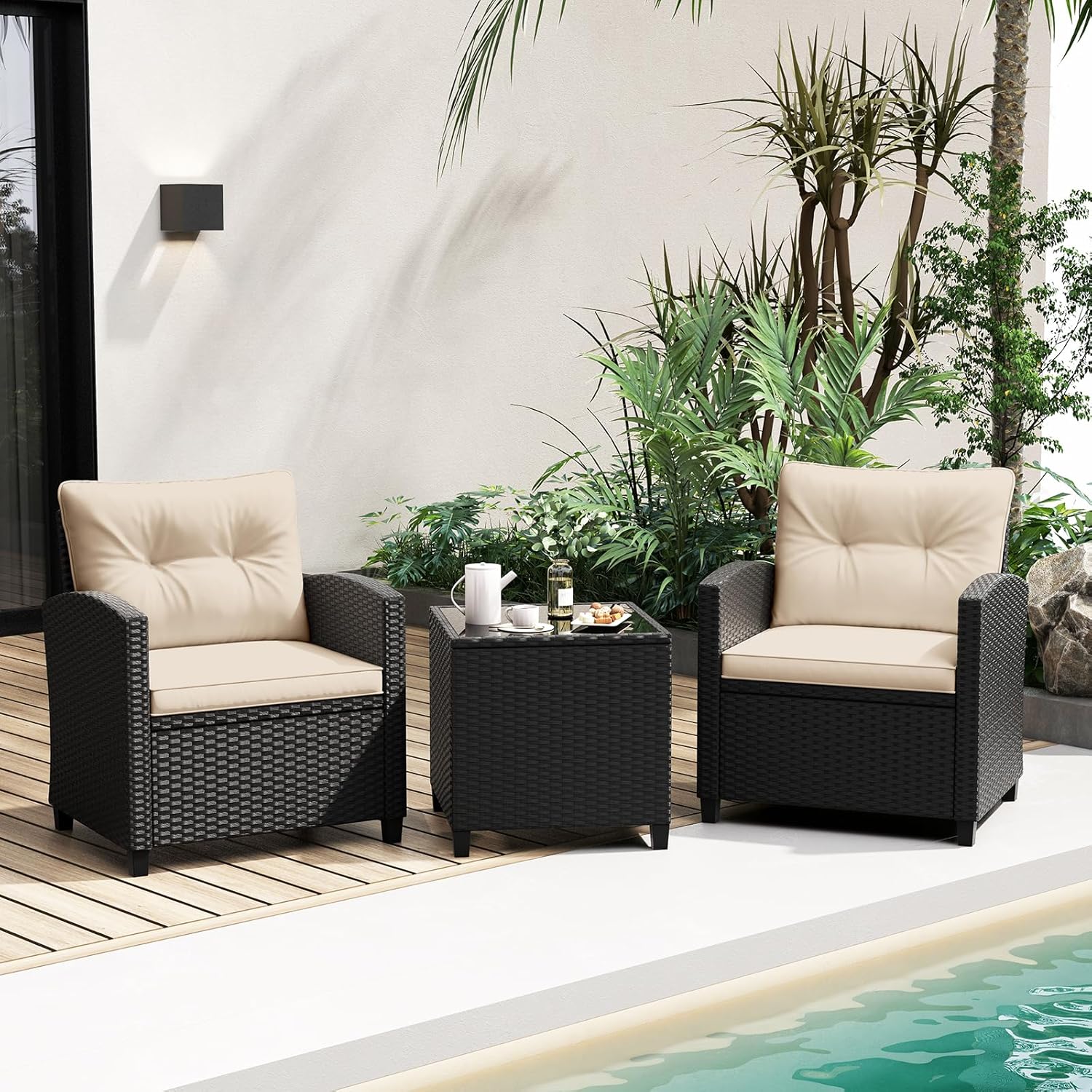 COSTWAY 3-TLG. Rattan Gartenmöbel Set, Balkonmöbel mit Kissen, 2 Stühlen und Tisch, Polyrattan Balkonset, Terrassenmöbel, Gartengarnitur, Sitzgruppe für Terrasse, Balkon, Garten (Beige)
