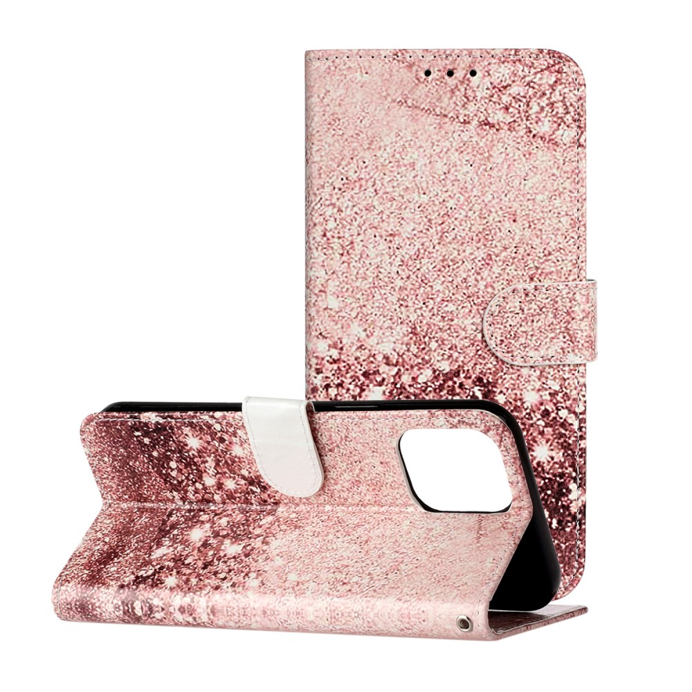 iPhone 13 Pro Leder Tasche Flip Cover Glitzer Optik - Roségold