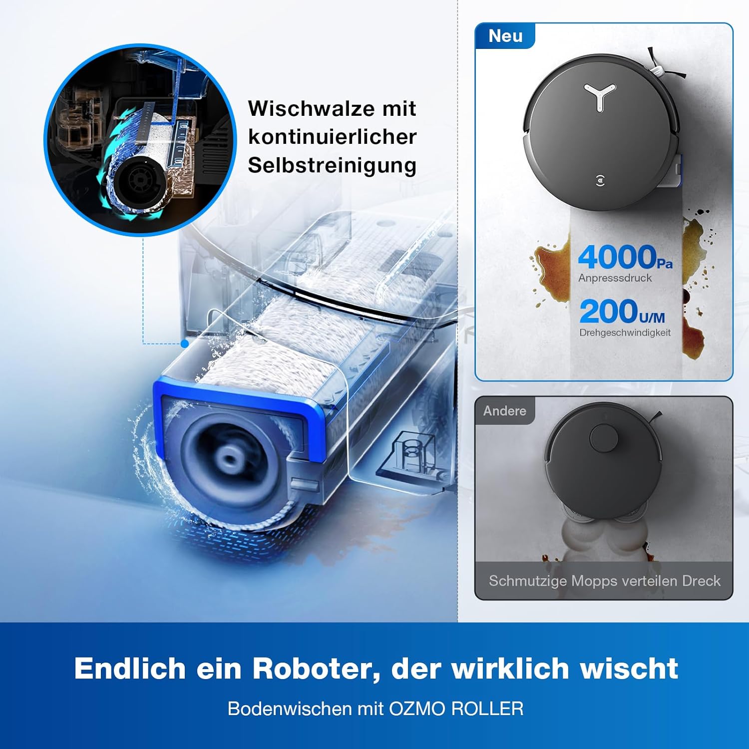 ECOVACS DEEBOT X8 OMNI Saugroboter mit Wischfunktion, 18.000 Pa, OZMO ROLLER Wischwalze mit kontinuierlicher Frischwasser-Selbstreinigung, Moppwäsche mit 75°C heißem Wasser, Heißlufttrocknung, Schwarz