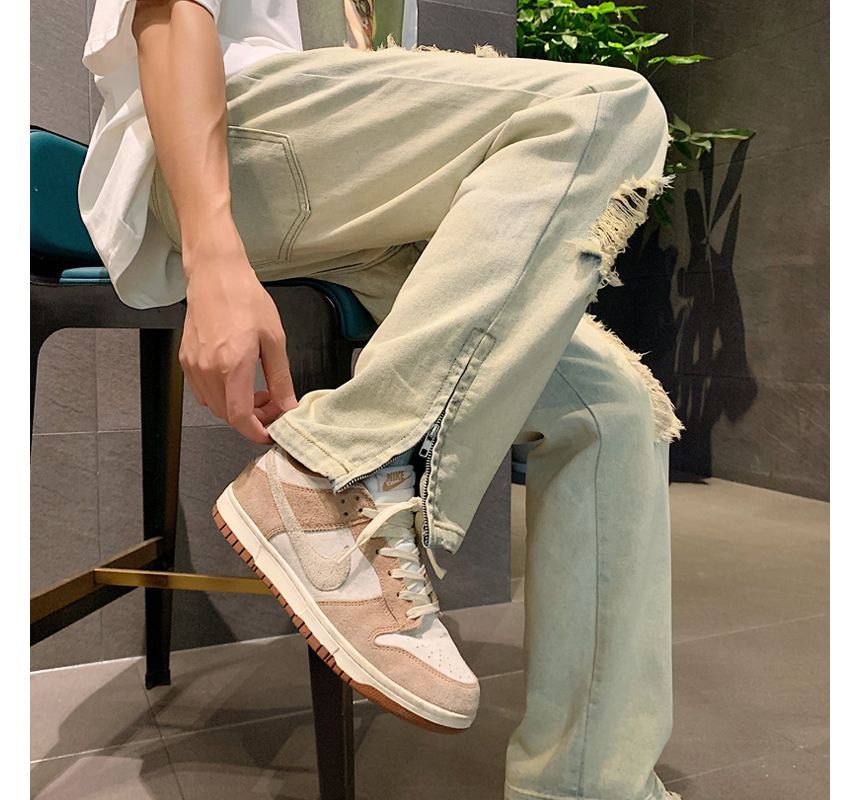 ROOSE - Mid Rise Washed Distressed Wide Leg Jeans