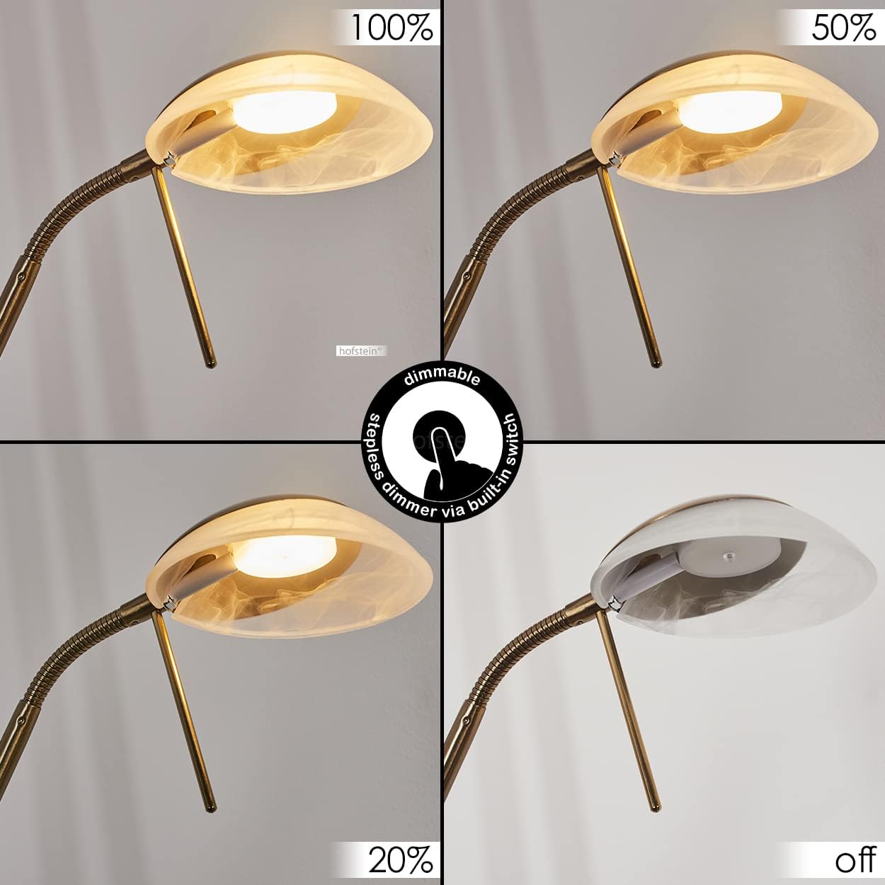 LED Stehlampe Biot, moderne Stehleuchte aus Metall in Altmessing, 18 u. 5 Watt, 1620 u. 450 Lumen, Lichtfarbe 3000 Kelvin, Standleuchte mit Dimmer u. verstellbarem Lesearm, mit Fußschalter am Kabel