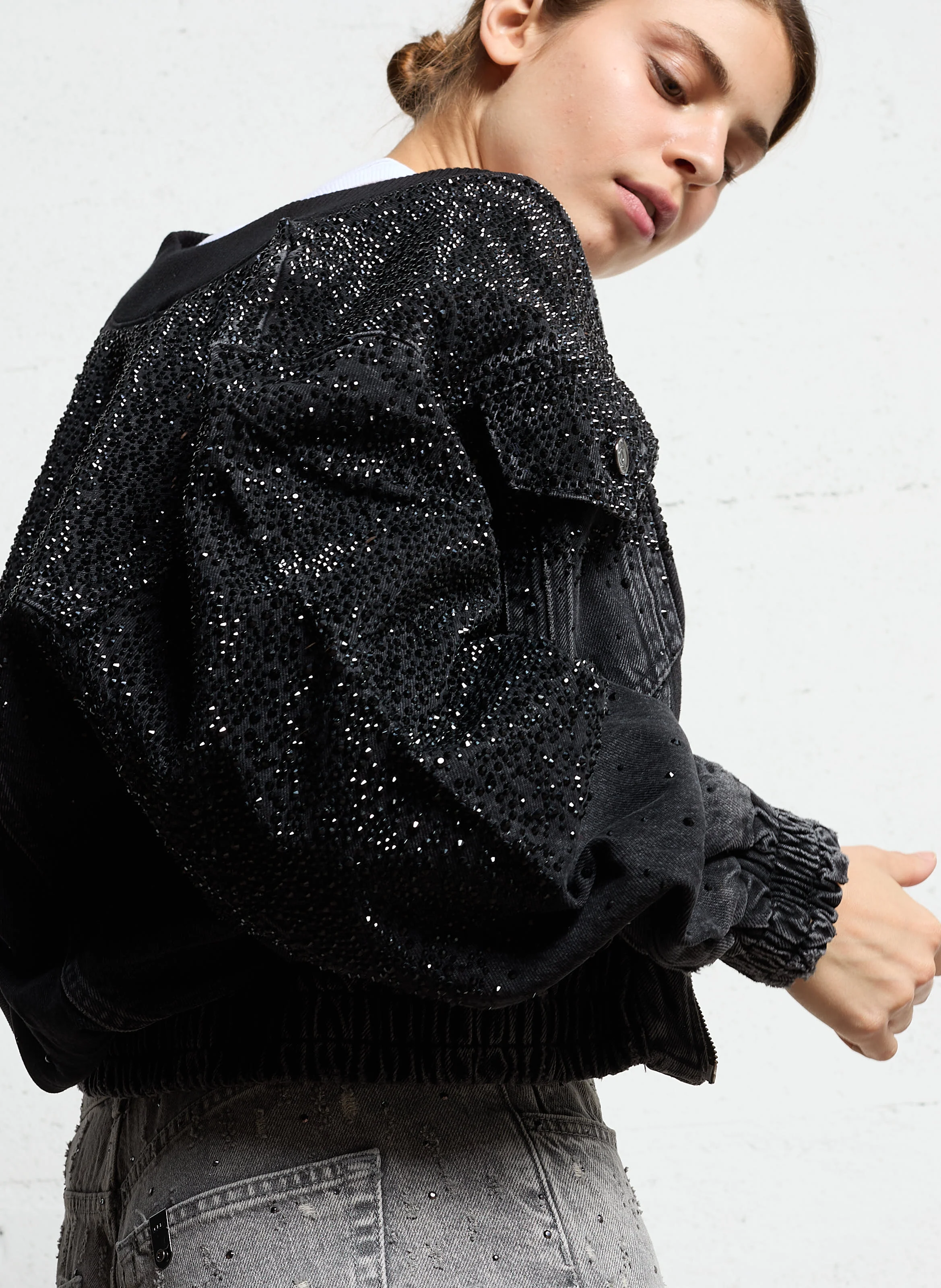 Bomber en denim à strass | Noir