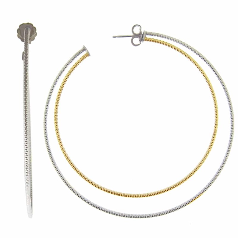 Boucles D Oreilles Créoles Deux Anneaux Très Grand Modèle Argent Rhodié Doré Diamanté Helena Diamètre 65mm