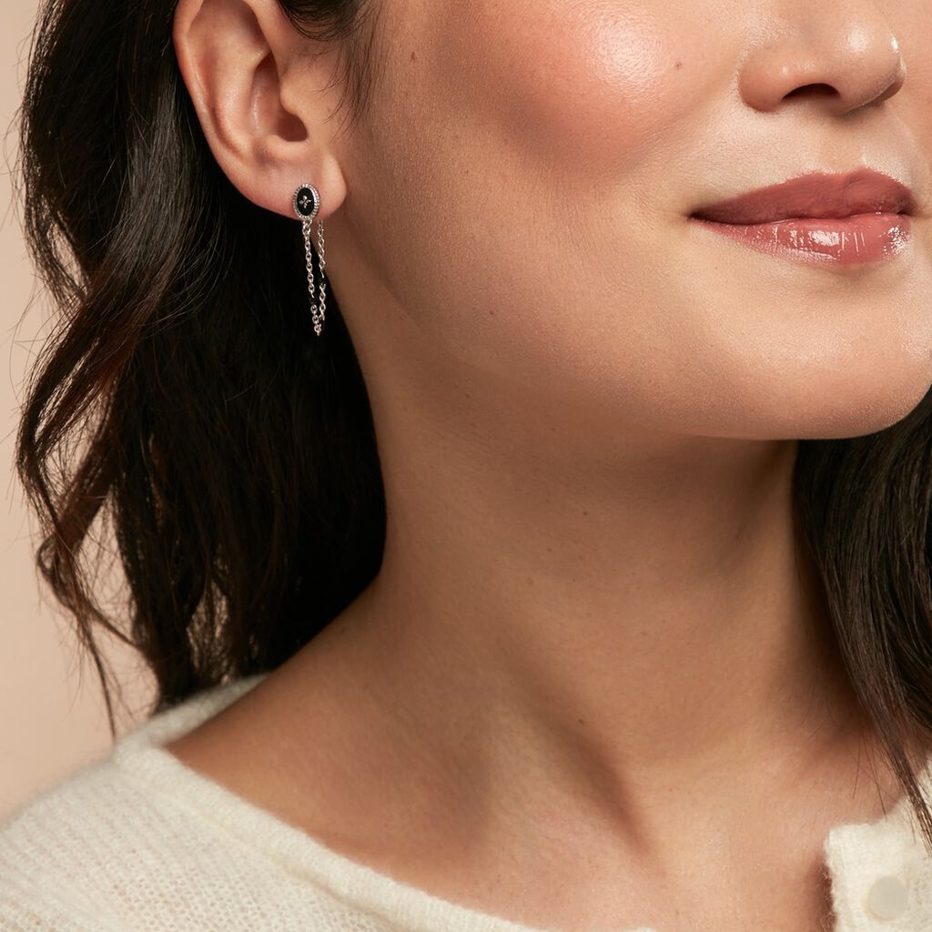 Boucles D'oreilles Pendantes Polka Argent Blanc