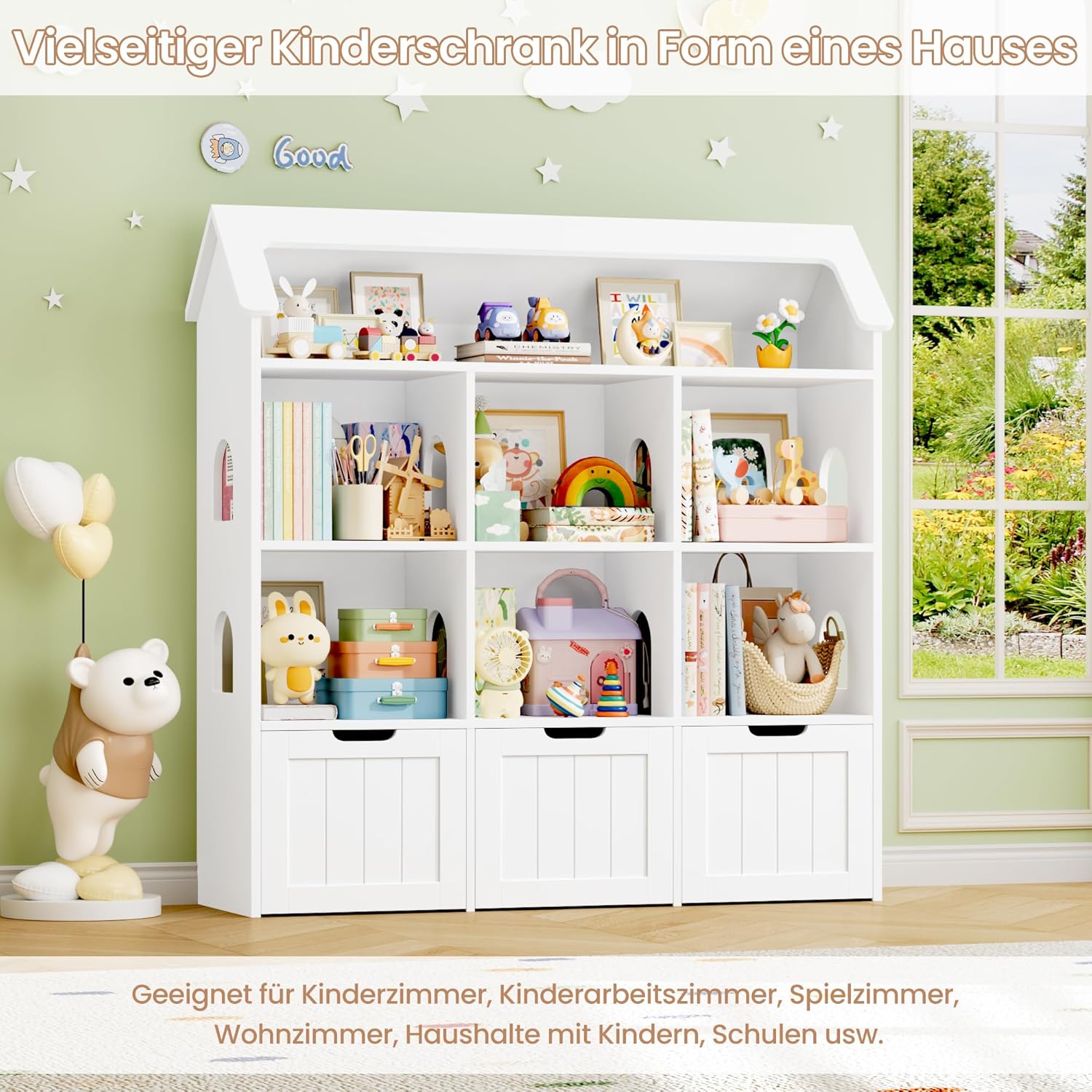 FOREHILL Kinderregal mit Boxen auf Rollen, Kinderbücherregal mit 3 Ebenen, Kinderzimmer Möbel, Spielzeugregl, Aufbewahrungregal,Bücherregal für Kinder, Kinderschrank in Hausform Weiß 120x117.5x30cm