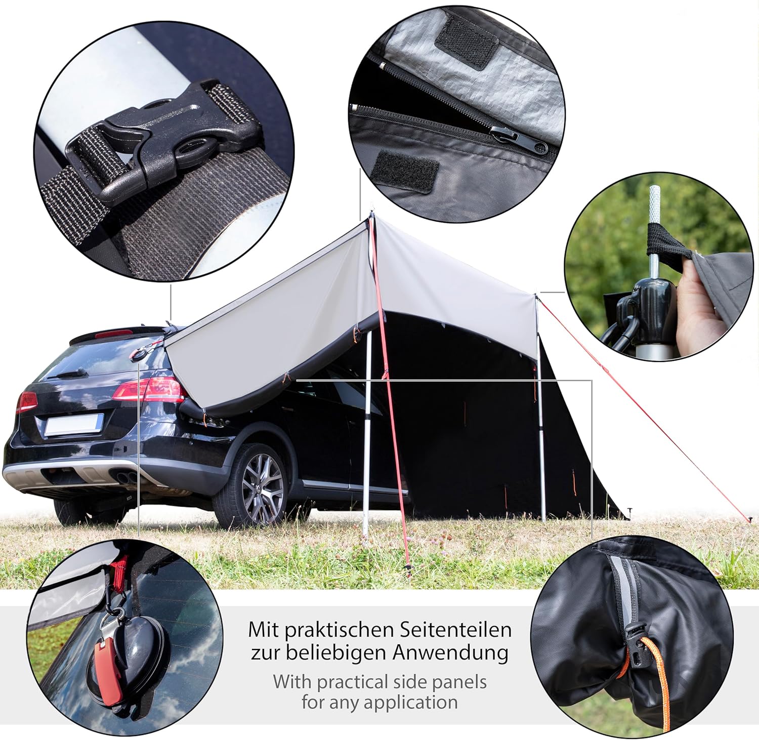 ONVAYA® Auto-Sonnensegel | Schutz vor Wind, Regen, Sonne (UV99) | 6 Aufbauvarianten | Schneller und einfacher Aufbau | Für PKW, Van und Wohnmobil (Grau)