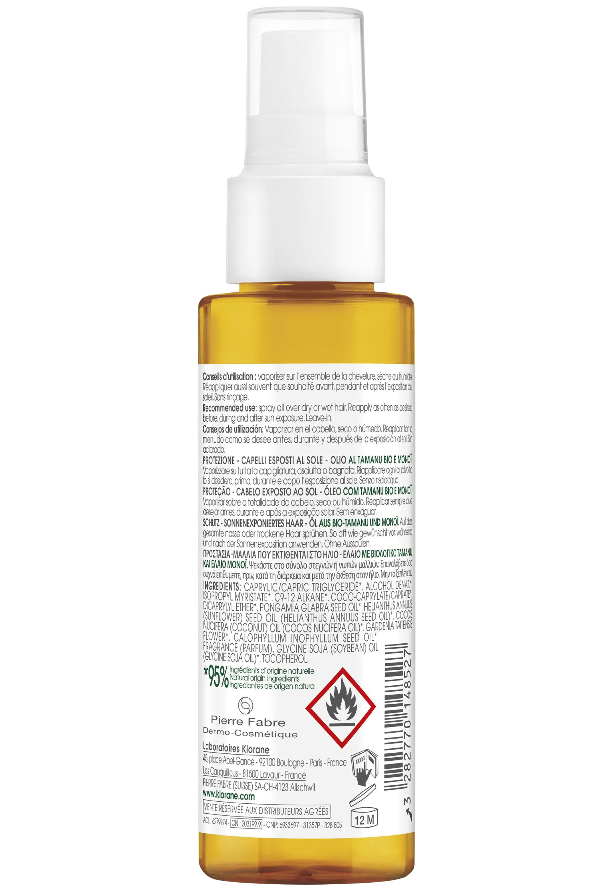 Klorane Huile protectrice capillaire au Tamanu bio et Monoï-100 ml