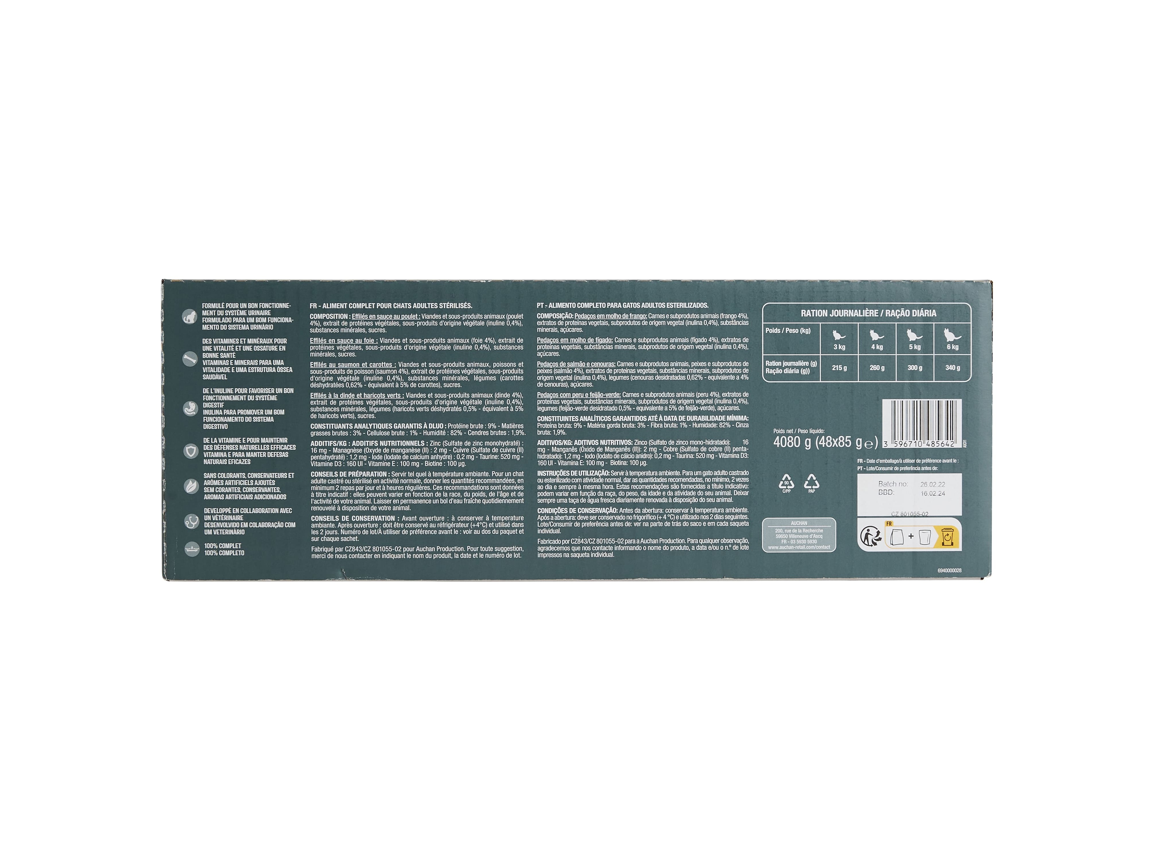 COMIDA HÚMIDA PARA GATO AUCHAN ESTERILIZADO SAQUETAS PEDAÇOS EM MOLHO MIX 48X85G