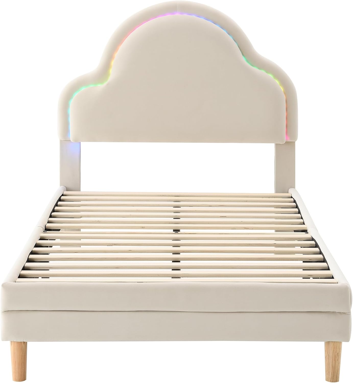 Merax Kinderbett Polsterbett 90x200 cm mit LED, Einzelbett mit wolkenförmigem Kopfteil, Samt Bettgestell mit Lattenrost, Kinder Einzelbett mit Farbwechsel Licht, Beige, ohne Matratze