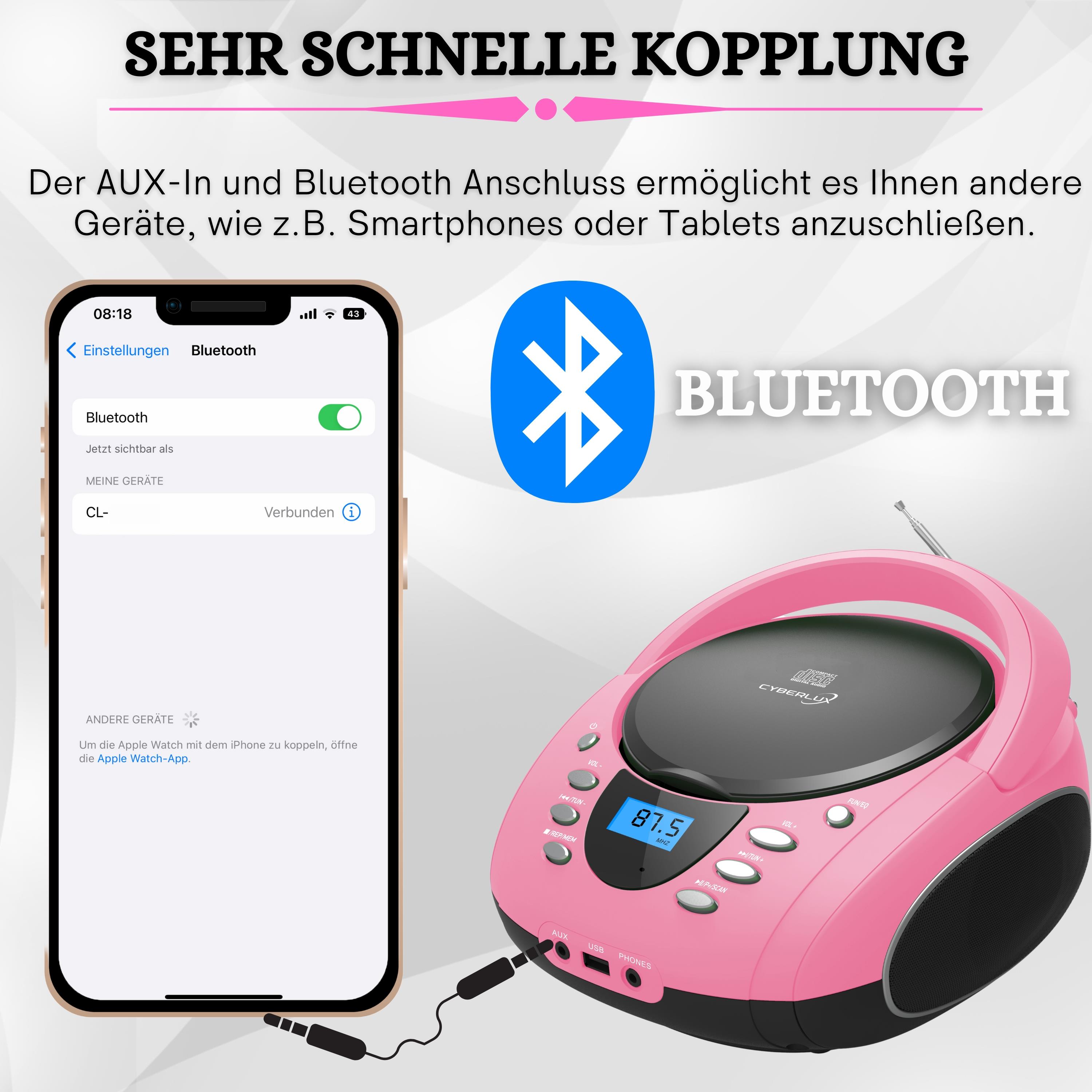 Cyberlux Tragbarer CD-Player Boombox CD/MP3 USB Kinder Radio pink