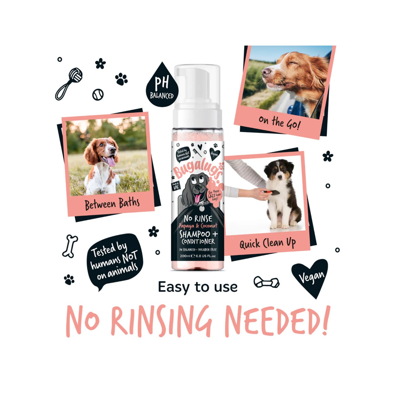 Bugalugs Papaya Coconut 2-in-1 No-Rinse Shampoo & Conditioner – Praktische Pflege für Hunde- und Katzenfell
