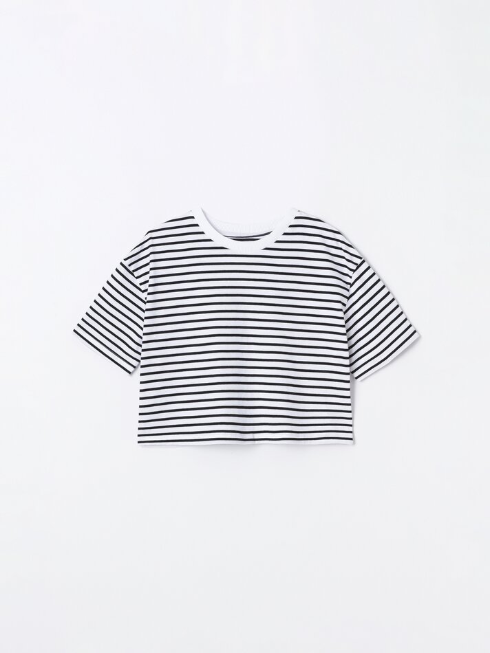 Camiseta cropped de manga curta - Off-white/preta