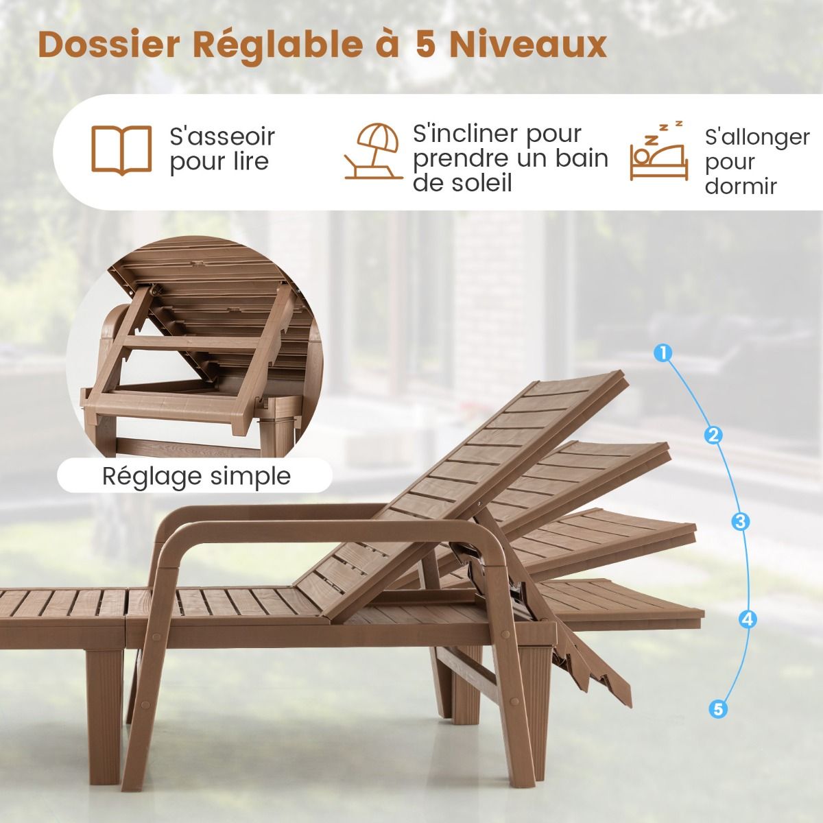 Bain de Soleil de Jardin Réglable à 4 Positions avec 6 Pieds de Soutien pour Jardin Cour Piscine Patio Jusqu'à 150 kg Naturel - Lidl-Manfred