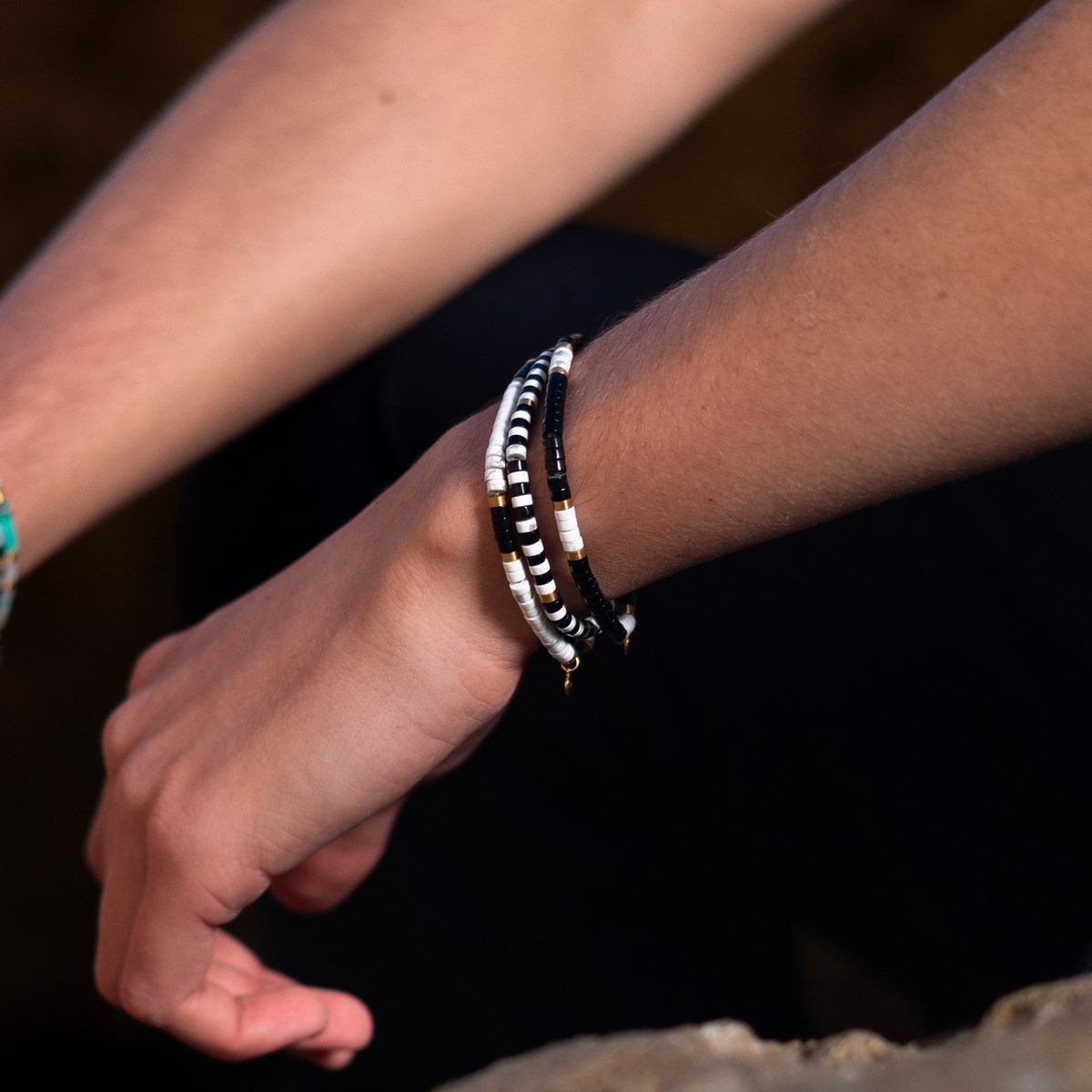 Bracelet Perles Heishi 4mm Agate Noire Turquoise Blanche-Small-16cm