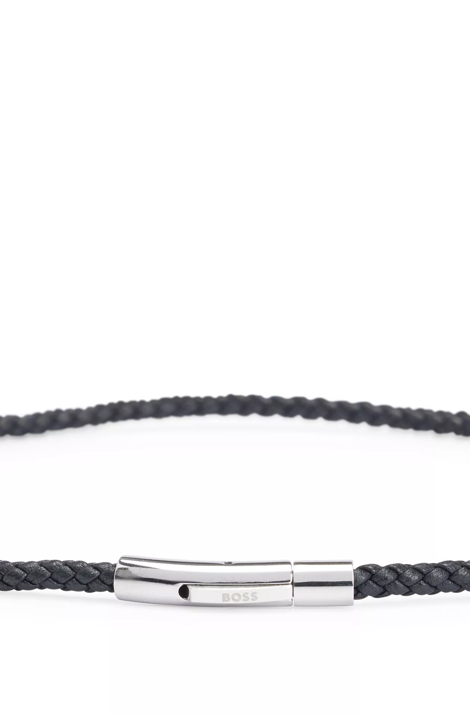 Bracelete BOSS preto em couro italiano trançado duplo com fecho com logotipo.
