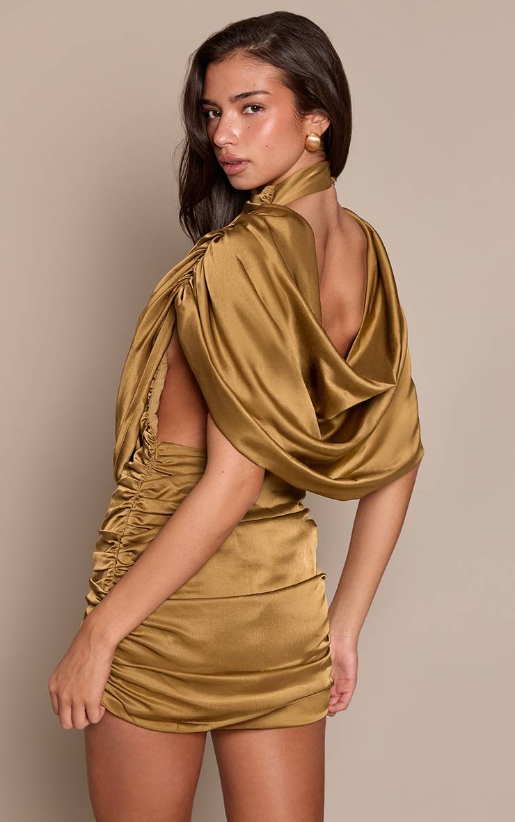 Vert Olive Robe Mini En Satin Froncé Avec Superposition