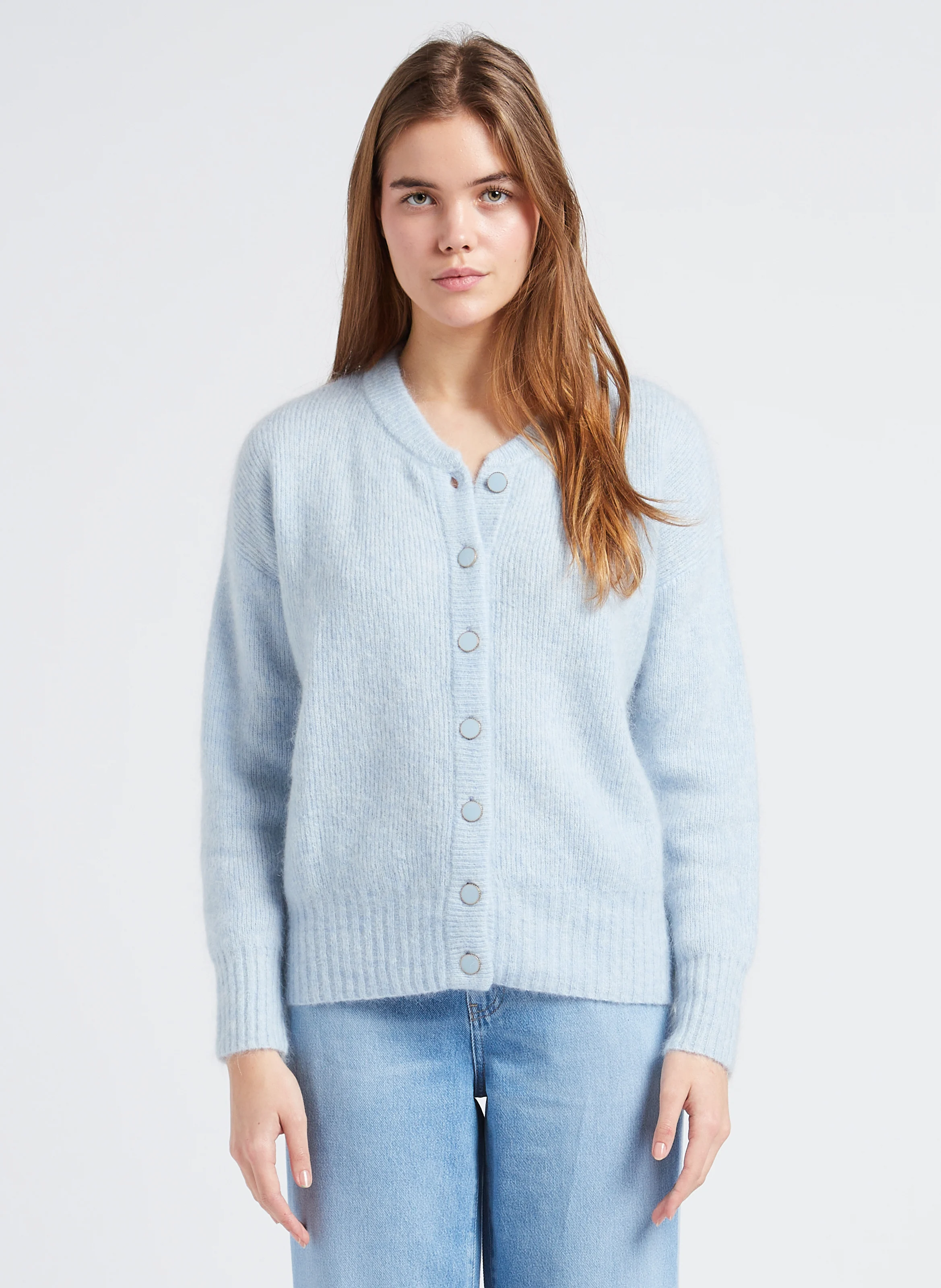 LOU - Gilet droit col rond en mohair mélangé | Bleu