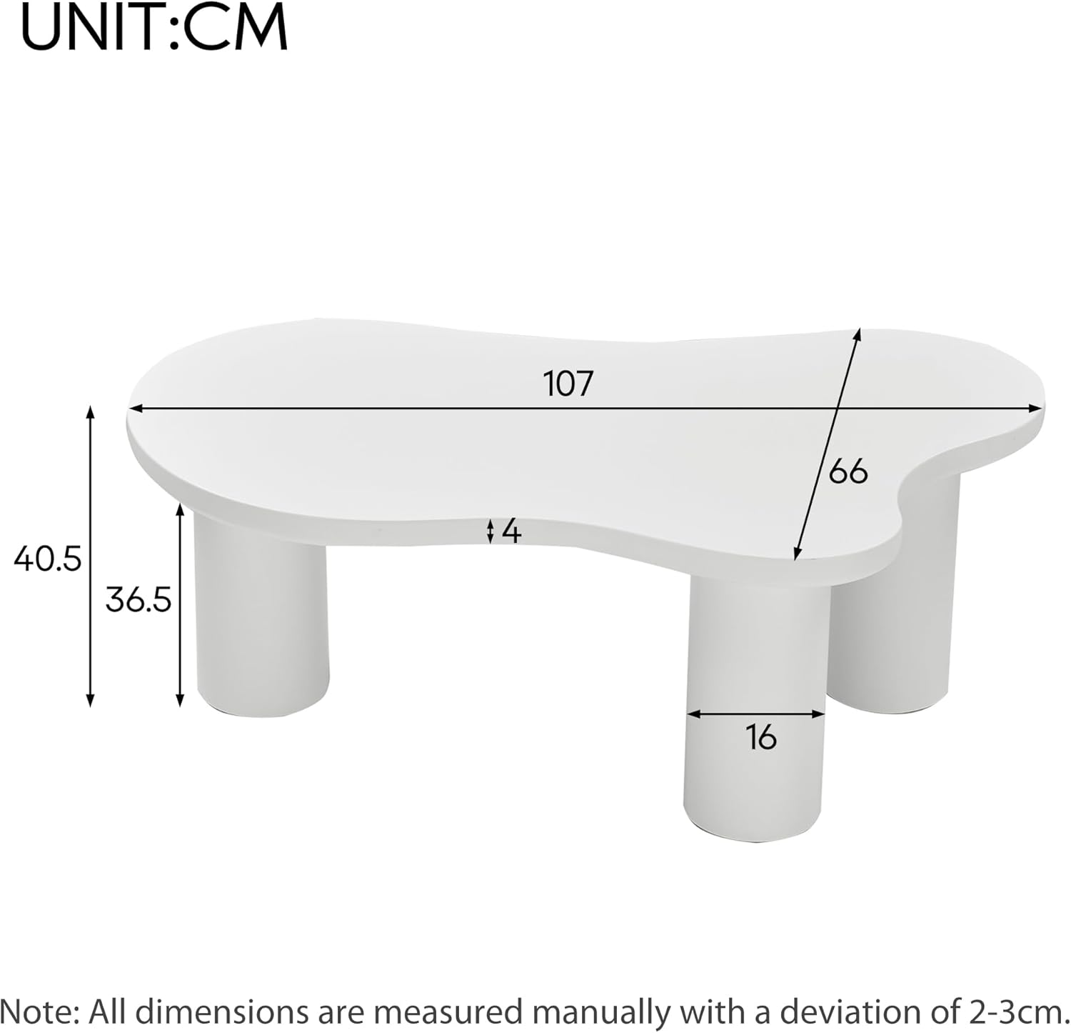 SUKY Unregelmäßiger Couchtisch, MDF-Tischplatte und PVC-Beine, in Wolkenform, 107cm Länge, 66cm Breite, 40.5cm Höhe, mit Filzunterlage (Weiß)