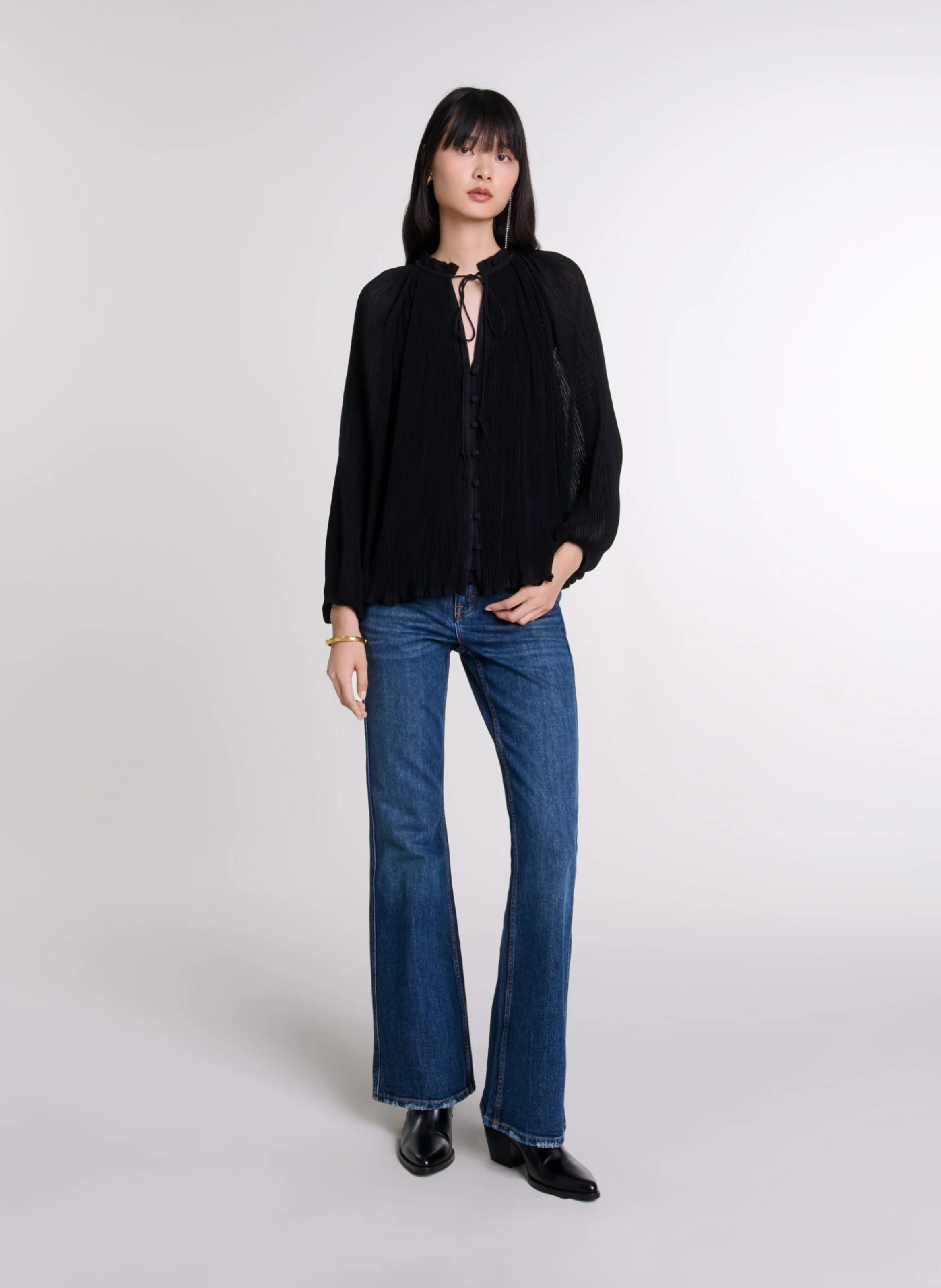 Blouse col rond plissée | Noir