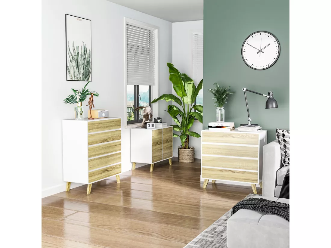 Buffet rangement design scandinave 2 portes avec étagère MDF panneaux blanc aspect chêne clair