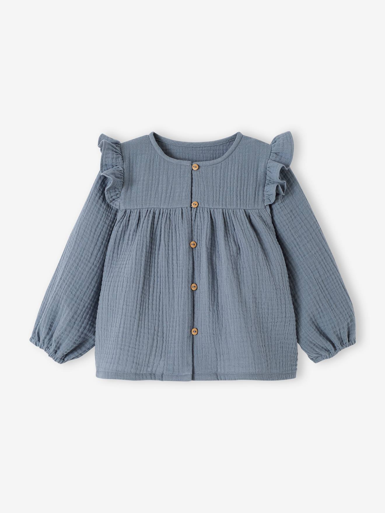 Blusa infantil azul claro em chiffon de algodão com babados.