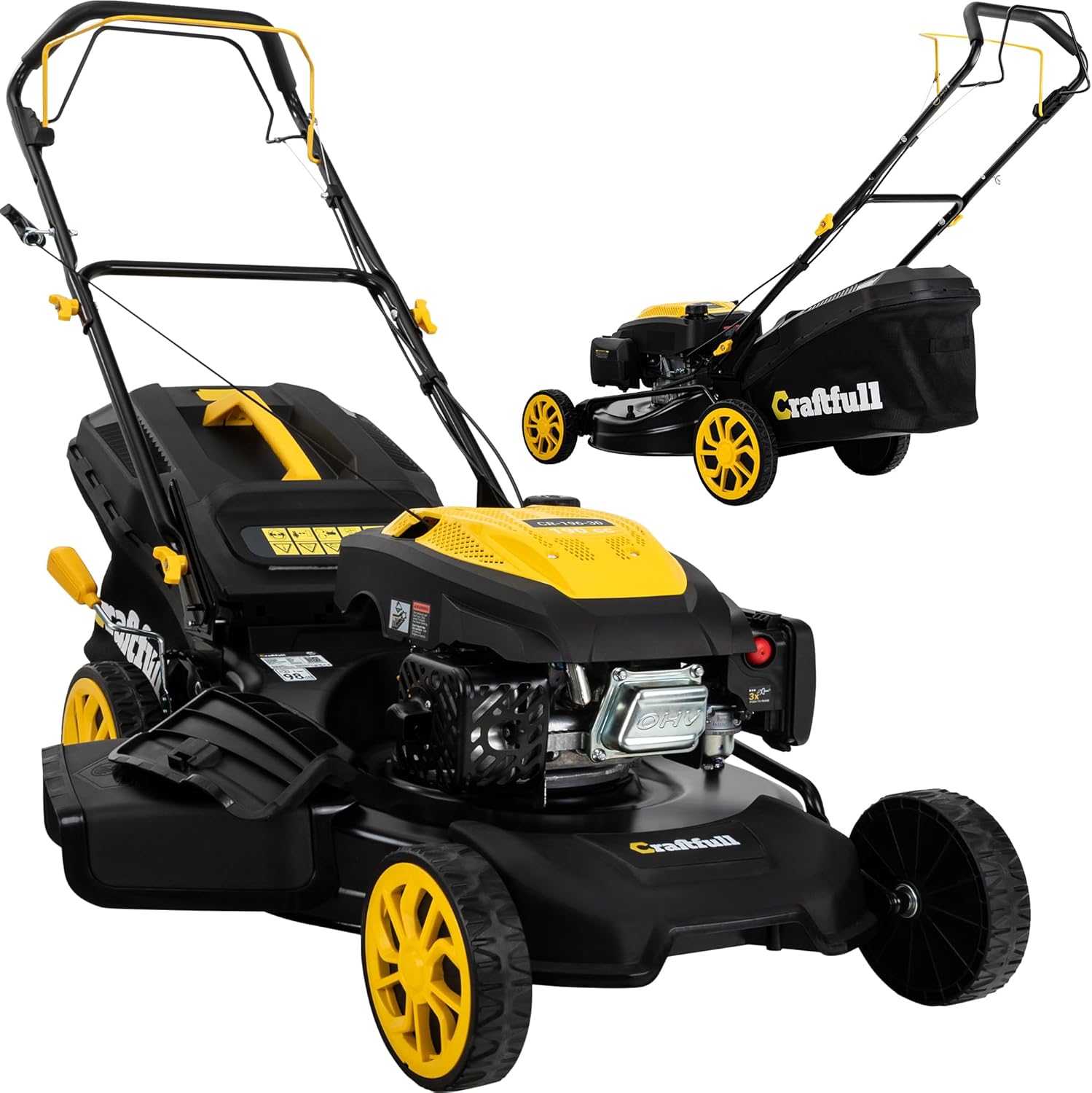 Craftfull Rasenmäher CR-196-30 | 4,4 KW 6 PS | 190 cm³ OHV Motor | Benzinrasenmäher - Mäher Benzin - Selbstfahrantrieb - 53 cm Schnittbreite in 7 Stufen (CR-196-30 4,4 KW 6 PS 190 cm³ Motor Gelb)