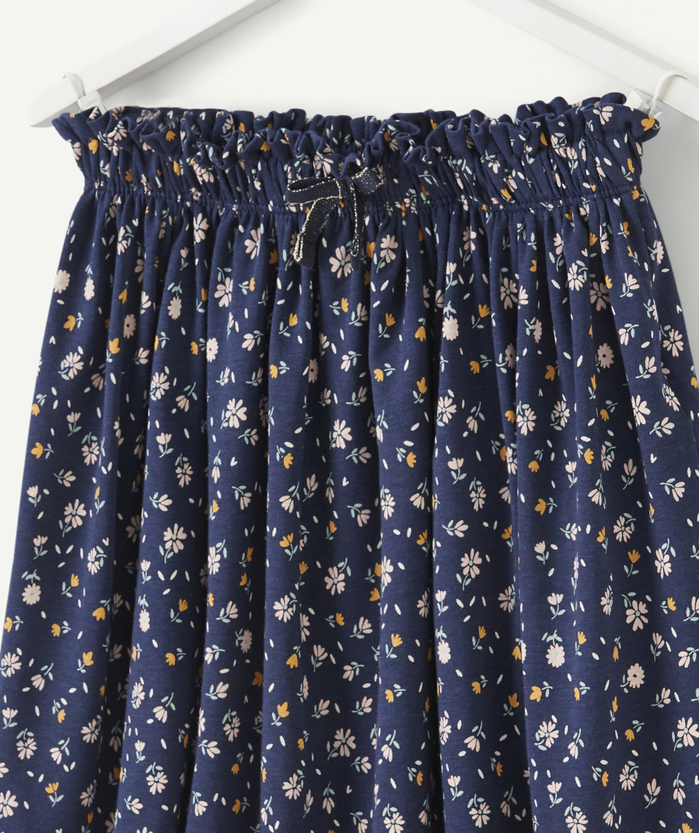 JUPE EN MAILLE FILLE BLEU MARINE ET IMPRIMÉE FLEURIE