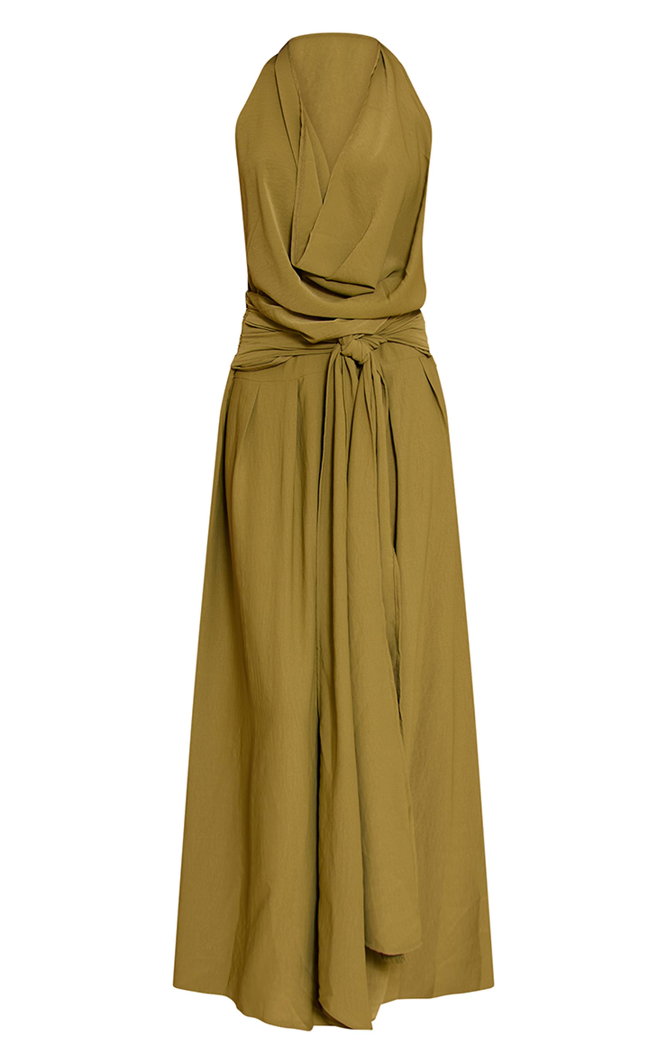 Vert Olive Robe Longue Fluide Tissée À Col Bénitier Et Dos Échancré