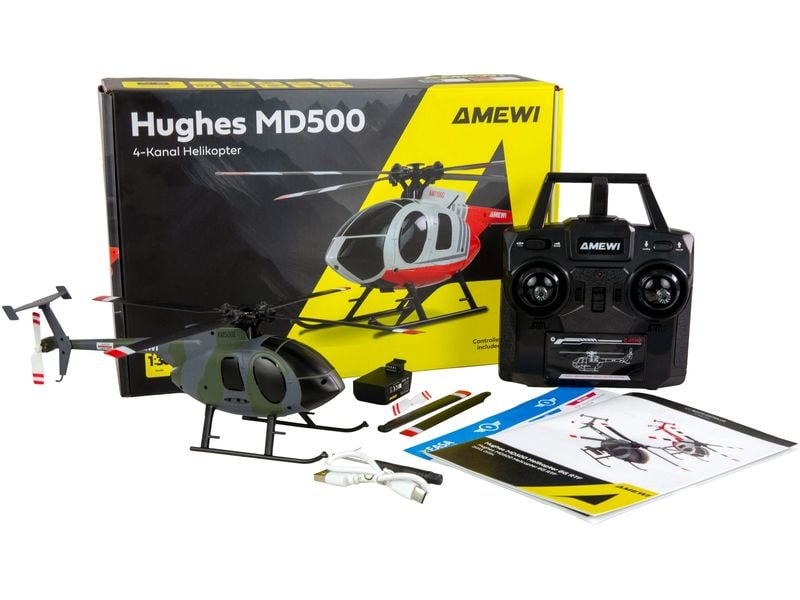 Amewi Helikopter Hughes MD500 Militär 4-Kanal 6G RTF RC Helikopter mit Sechs-Achs-Gyroskop