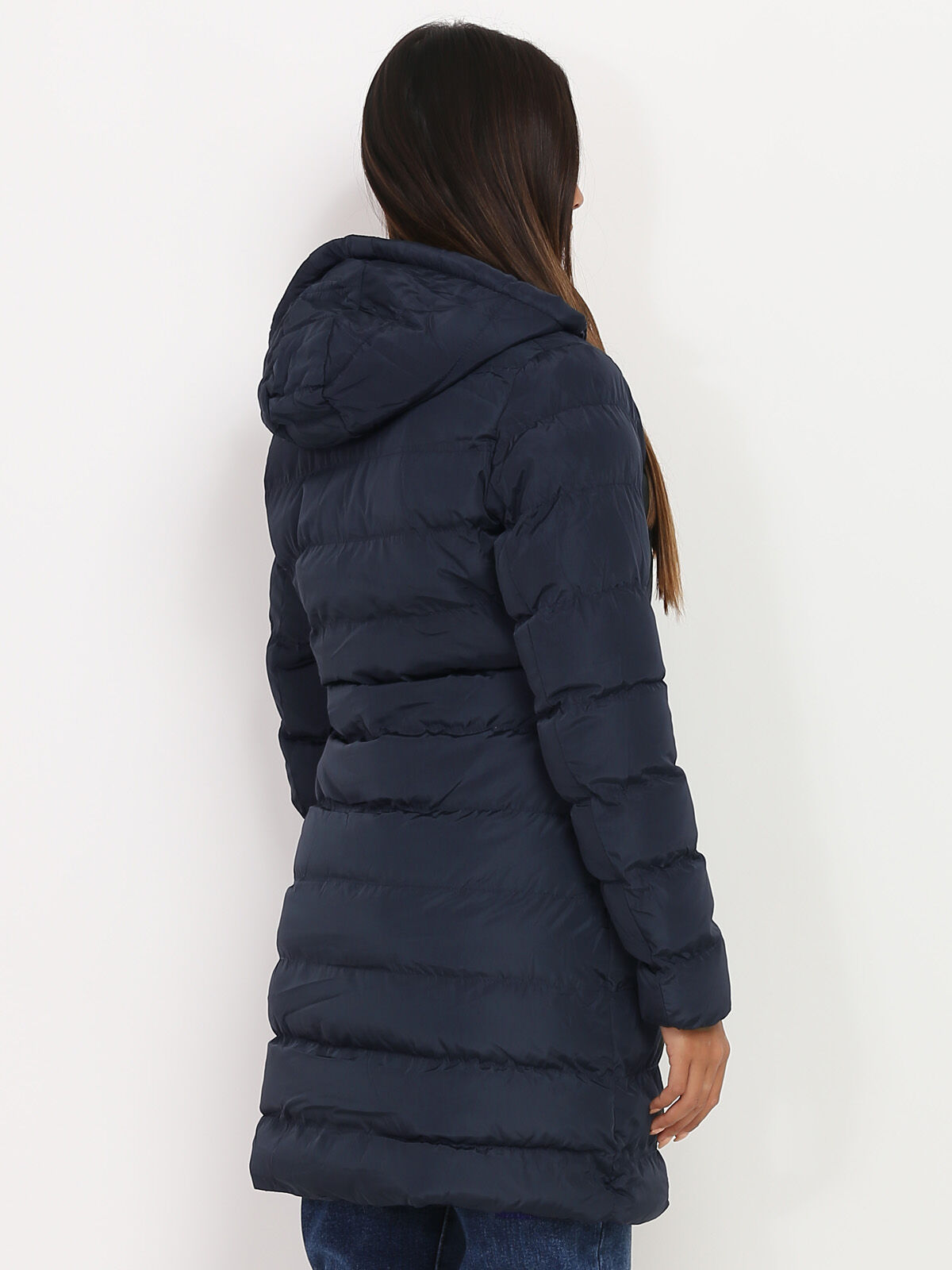 Manteau mi-long matelassé à capuche- Bleu marine