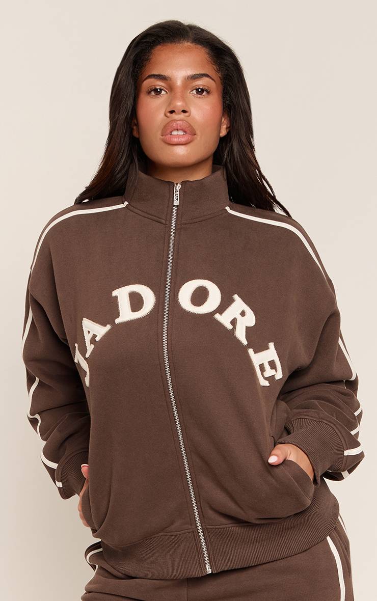 Chocolat Sweat Zippé Shape Rose Contrasté Avec Appliqué J'adore