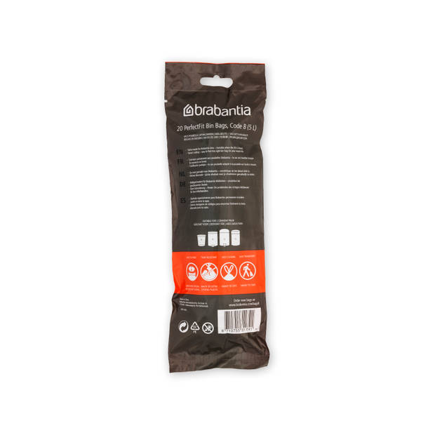 Brabantia PerfectFit afvalzak met trekbandsluiting code B. 5 liter, 20 stuks/rol - White