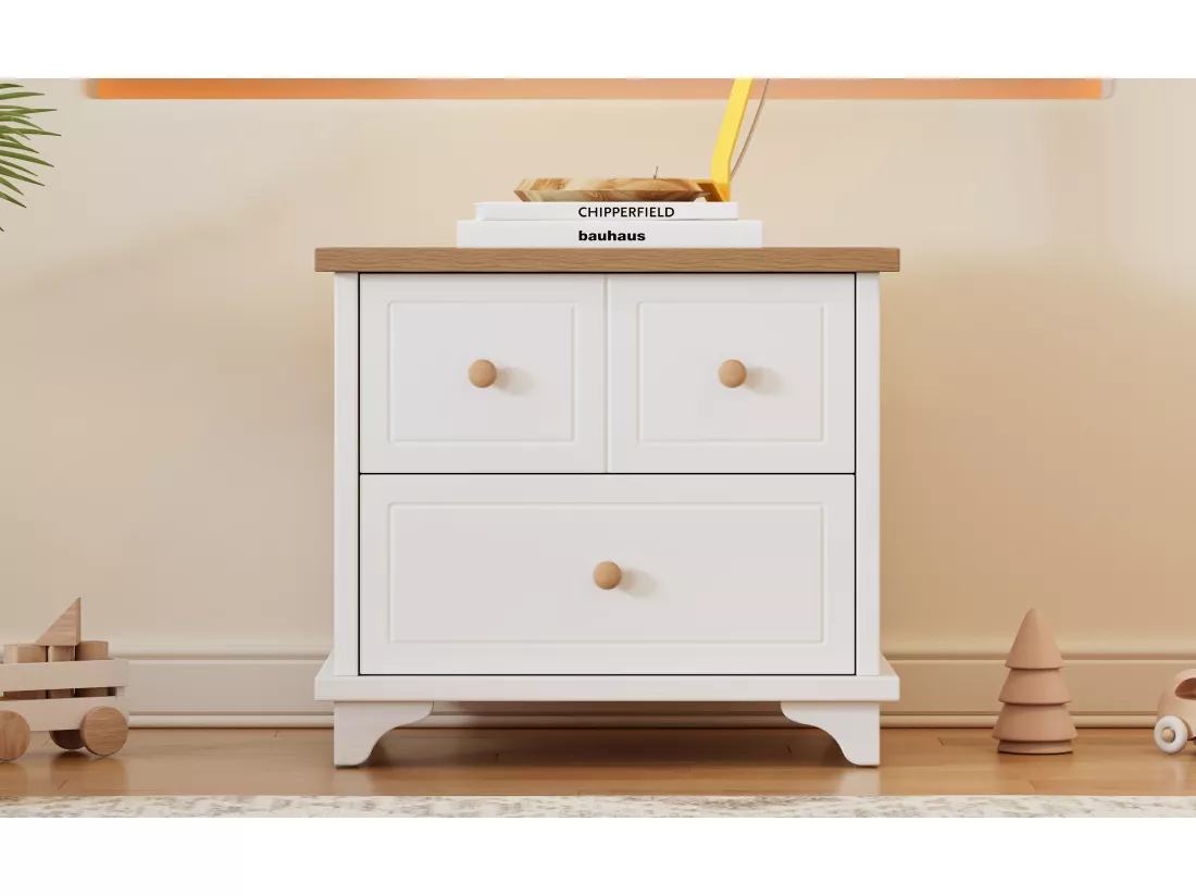 Table de chevet avec 2 tiroirs - 60 x 40 x 51.5 cm - pieds de belle facture - MDF+aggloméré - blanc+naturel
