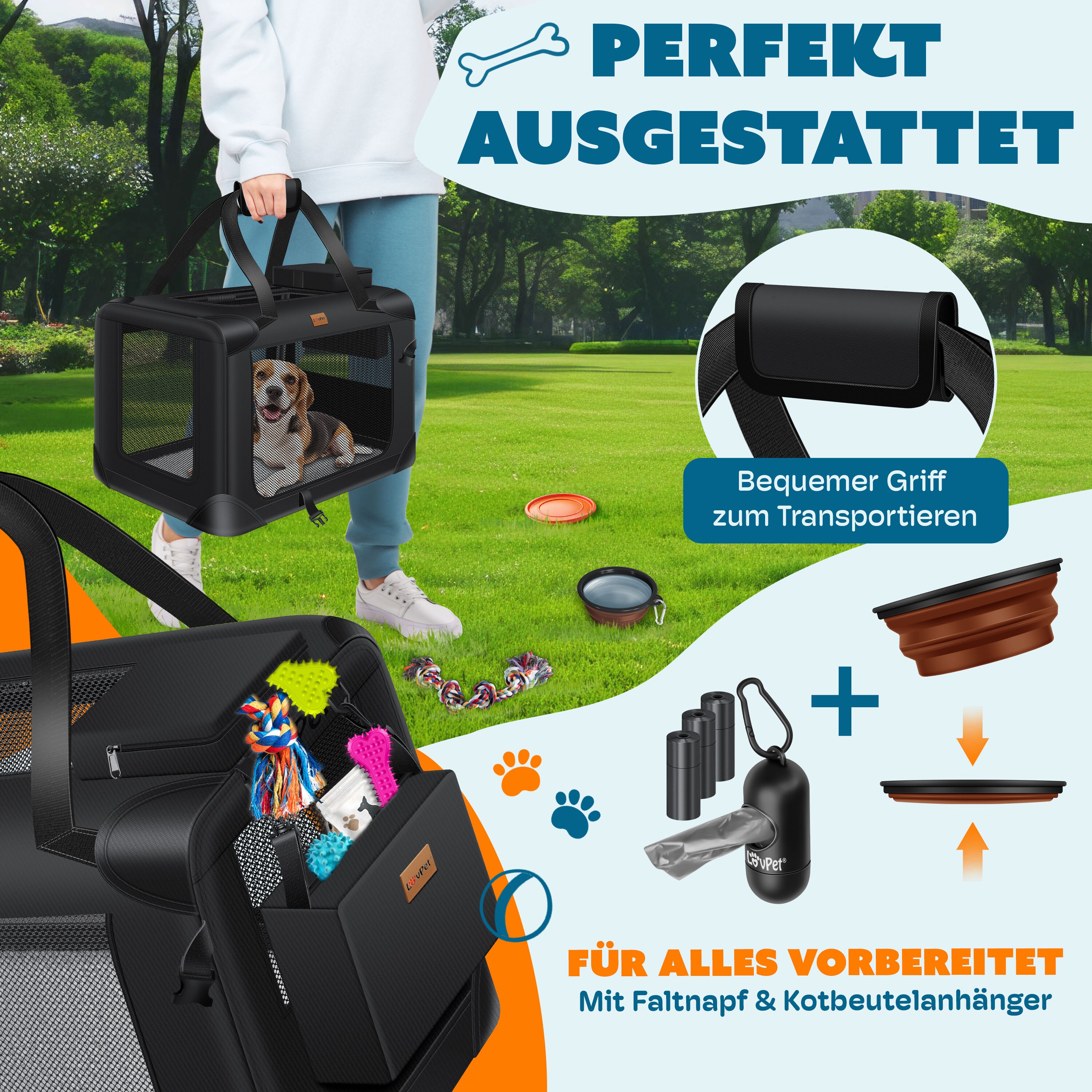 LOVPET® Hundebox Hundetransportbox faltbar Inkl.Hundenapf Transporttasche Hundetasche Transportbox für Haustiere, Hunde und Katzen Haustiertransportbox