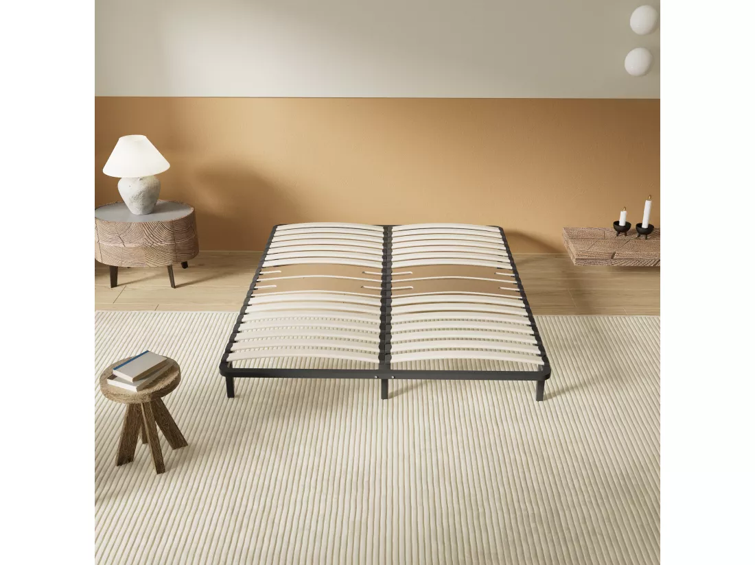 Cadre à lattes en bois 90x190 cm – cadre en acier et lattes en bois – 7 pieds hauteur 25cm – renfort lombaire