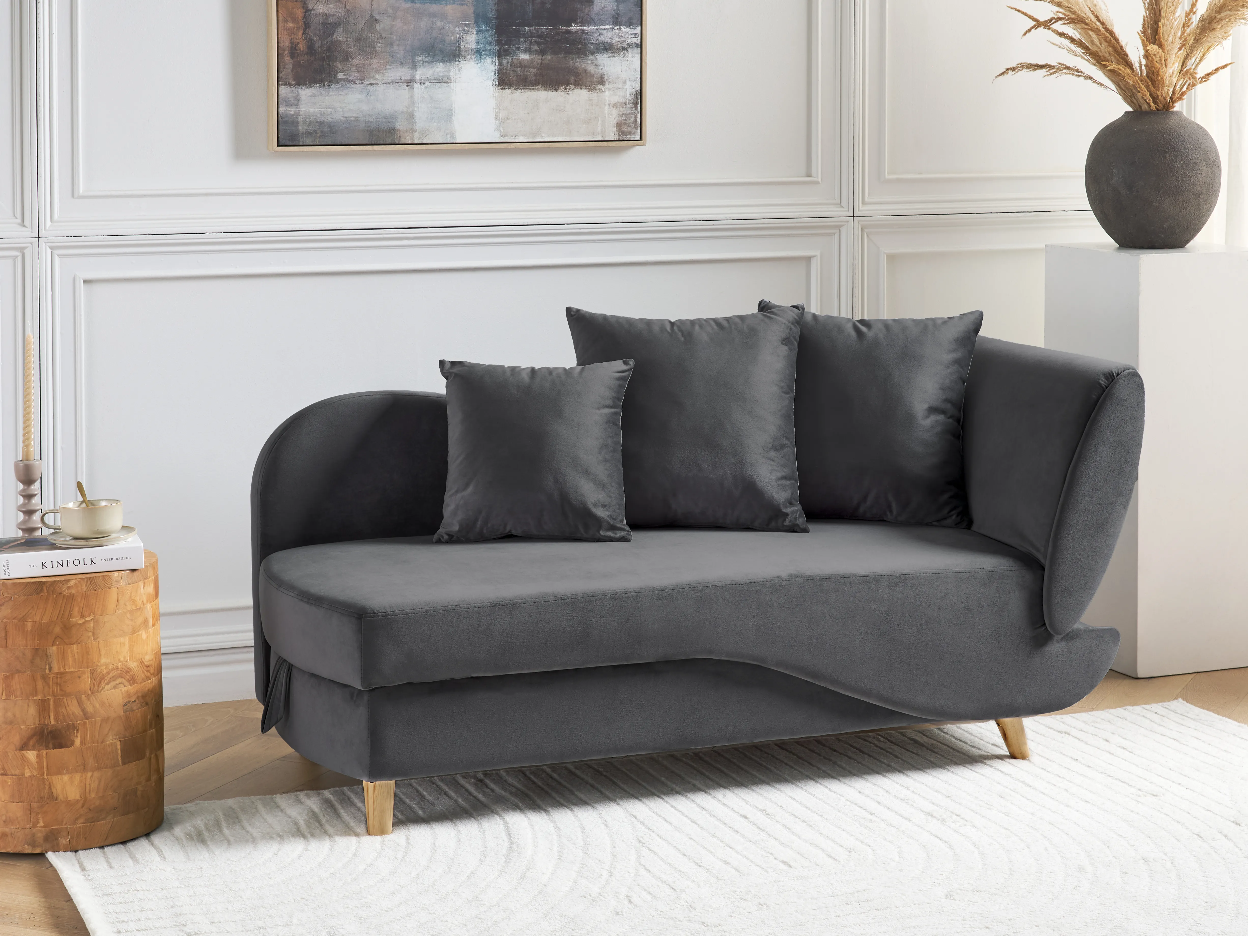 Rechtszijdige chaise longue MERI Fluweel Donkergrijs met opbergruimte
