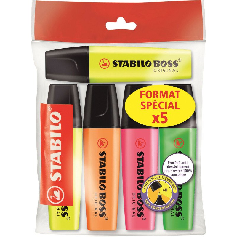 Surligneur Stabilo Boss couleurs assorties - Pochette de 5