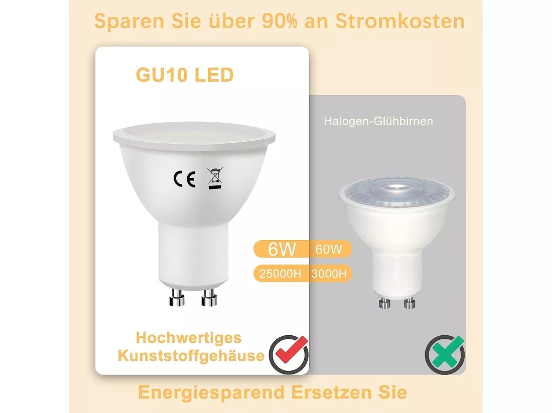 NETTLIFE Lot de 10 lampes LED GU10 Blanc chaud 3000K 6W remplace les ampoules à incandescence 60W économie d'énergie angle de faisceau 110° ampoule