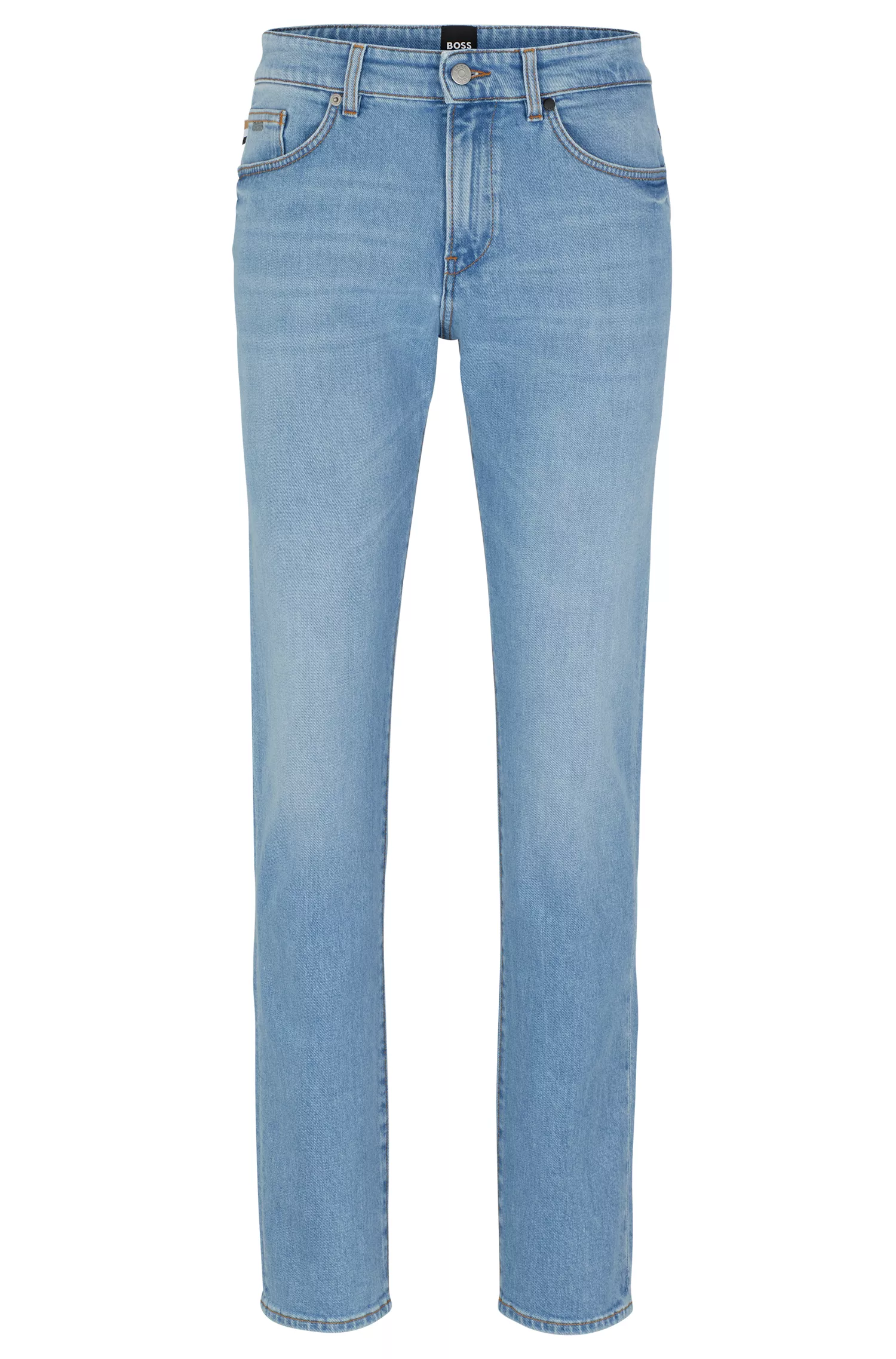 Calça jeans BOSS preta, corte slim, em denim azul com elasticidade confortável.