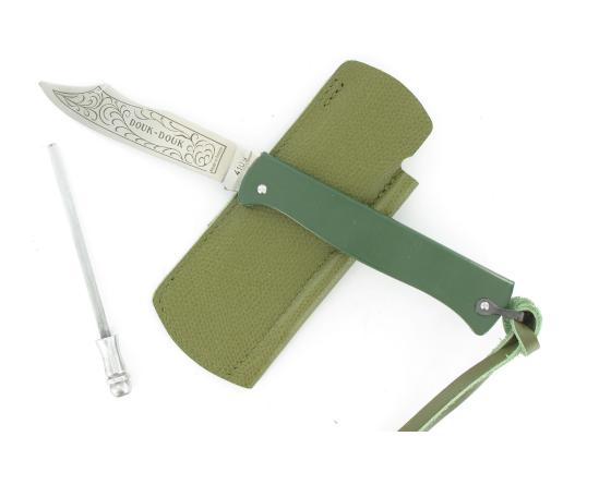 Douk Douk 200 Inox - Manche Acier Couleur VERT - GAINE CUIR Couteau de poche Le Thiers par Cognet Douk Douk
