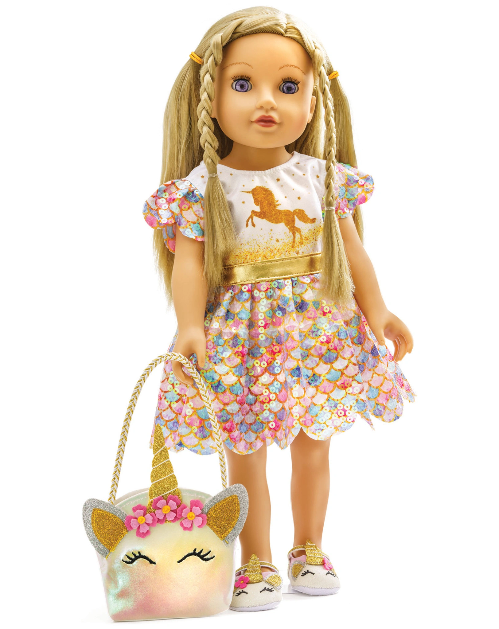 Puppenkleid GLITZER EINHORN GOLDY (28-35 cm) in bunt