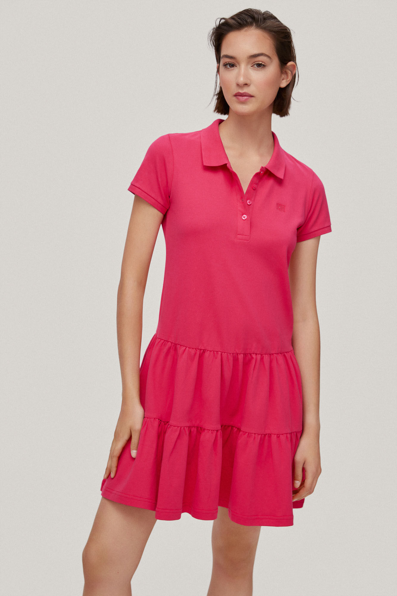 Vestido polo de manga curta com babados - Rosa