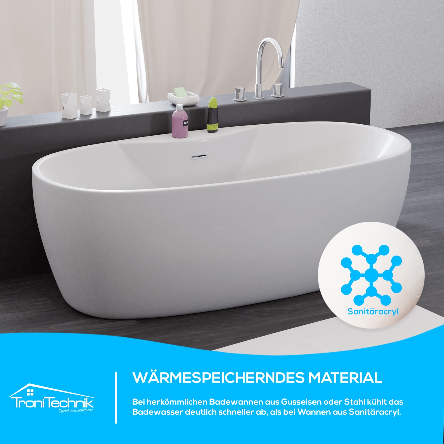 TroniTechnik® Freistehende Badewanne ANAFI Maße ca. 170 x 80 x 58cm Wanne - Füllmenge 195 Liter, aus Acryl mit Siphon