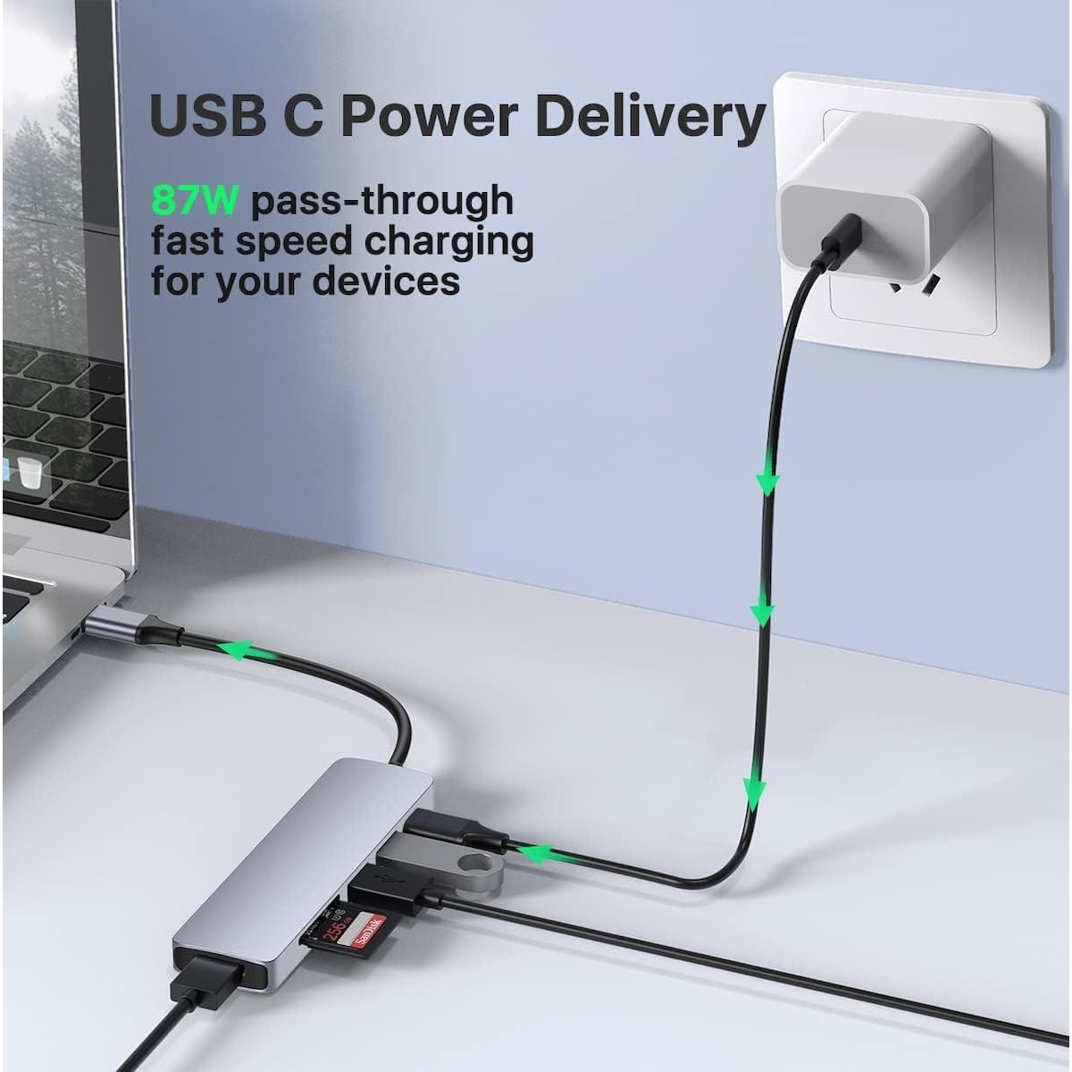 NÖRDIC 1 til 6 USB C dokkingstasjon i aluminium 1xHDMI 4K 30Hz 2xUSB-A 3.1 5Gbps 1x USB C PD87W 1xSD/TF-kortleser